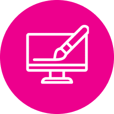A white icon with a pen on a pink background.