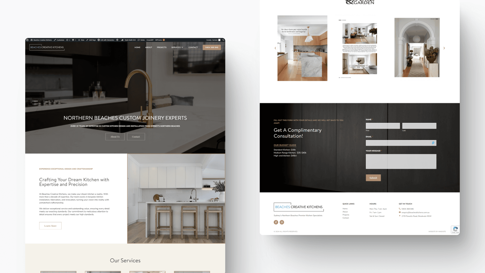 Screenshot of a website offering custom joinery services, featuring sections for services, a contact form for a complimentary consultation, and images of modern kitchen interiors.