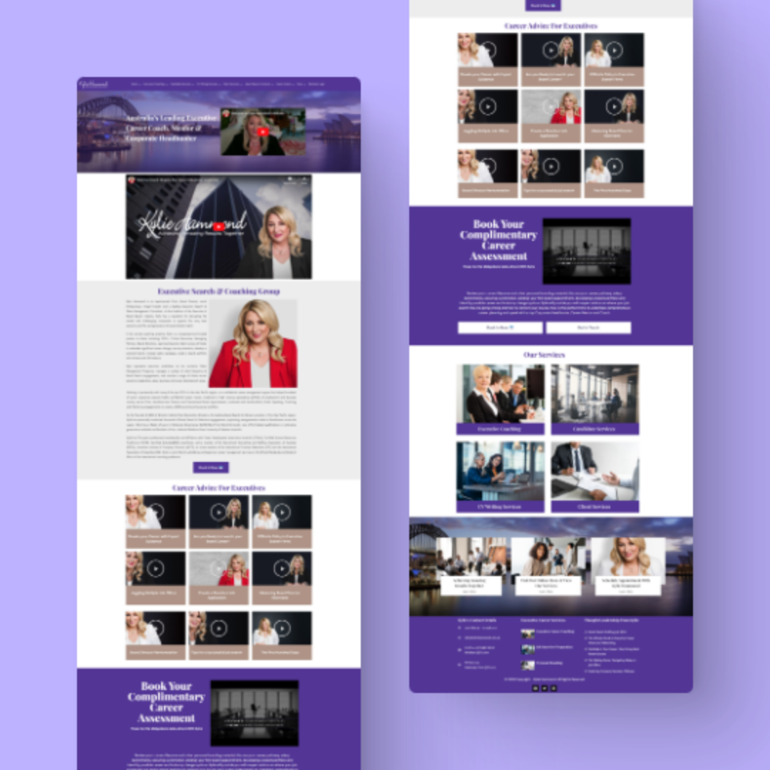 Screenshot of a purple-themed website featuring a professional woman, career coaching services, informational videos, testimonials, and a call to action for booking a complimentary career assessment.