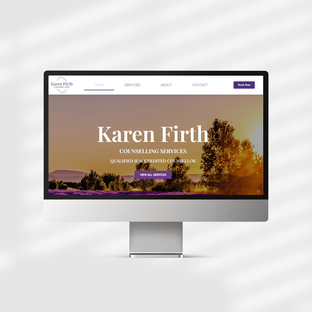 A desktop computer displays a website for Karen Firth Counselling Services, featuring navigation tabs for Home, Services, About, and Contact, an option to book a session, and integrated Web Design Tips for Counsellors.