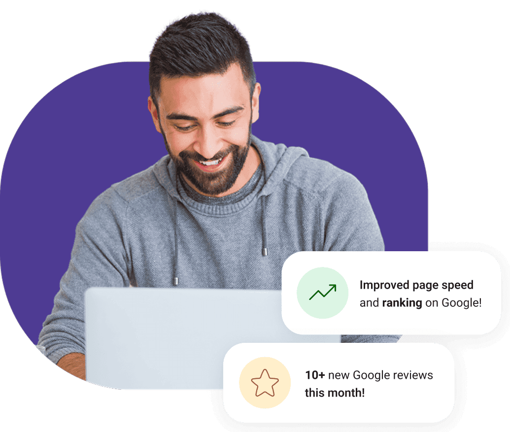 Responsive man smiling at laptop with analytics icons about page speed and reviews.