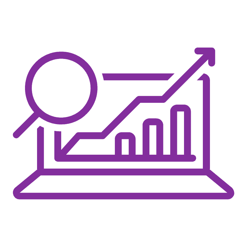Magnifying glass over digital growth chart on laptop screen, data analytics concept.