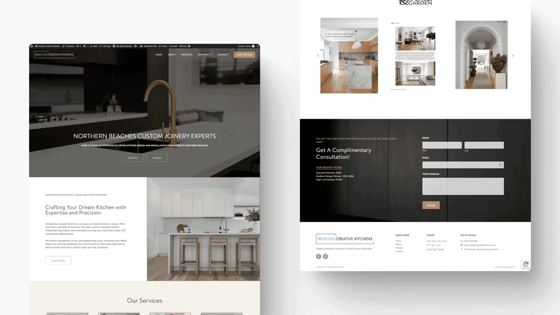 Screenshot of a website offering custom joinery services, featuring sections for services, a contact form for a complime