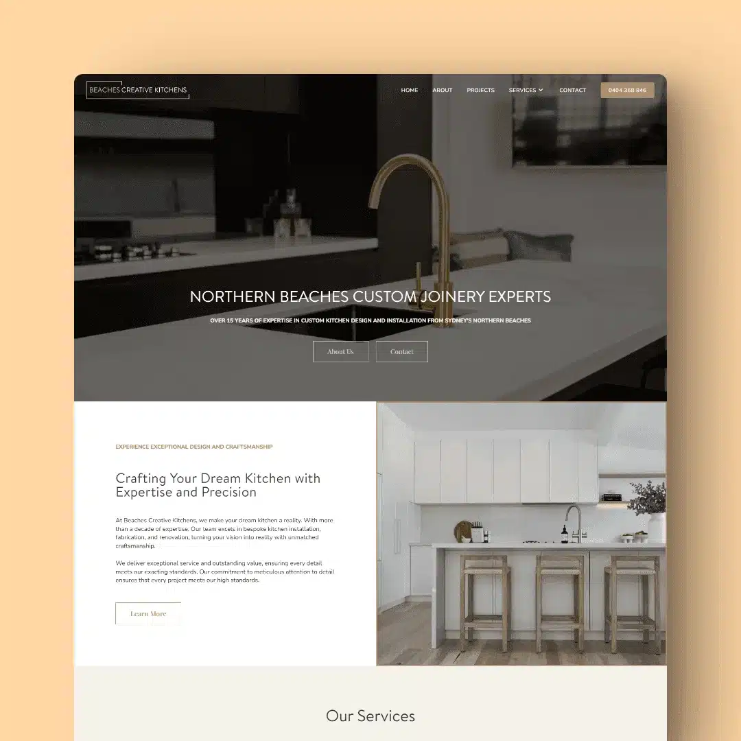 Website homepage for Northern Beaches Creative Kitchens, featuring a modern kitchen image, site navigation bar, and sect