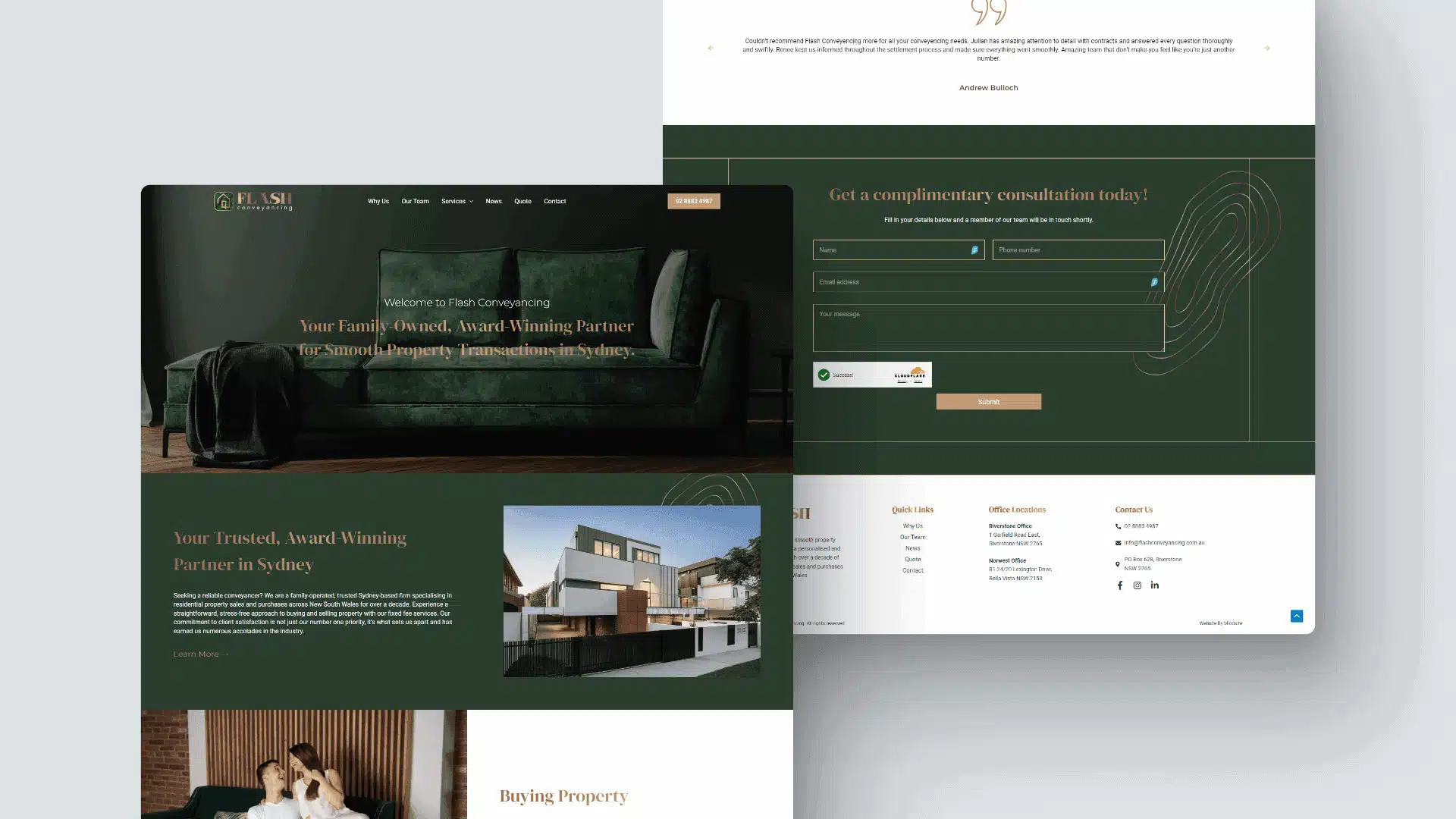 Screenshot of a real estate website featuring a green-themed design, offering property conveyancing services in Sydney.