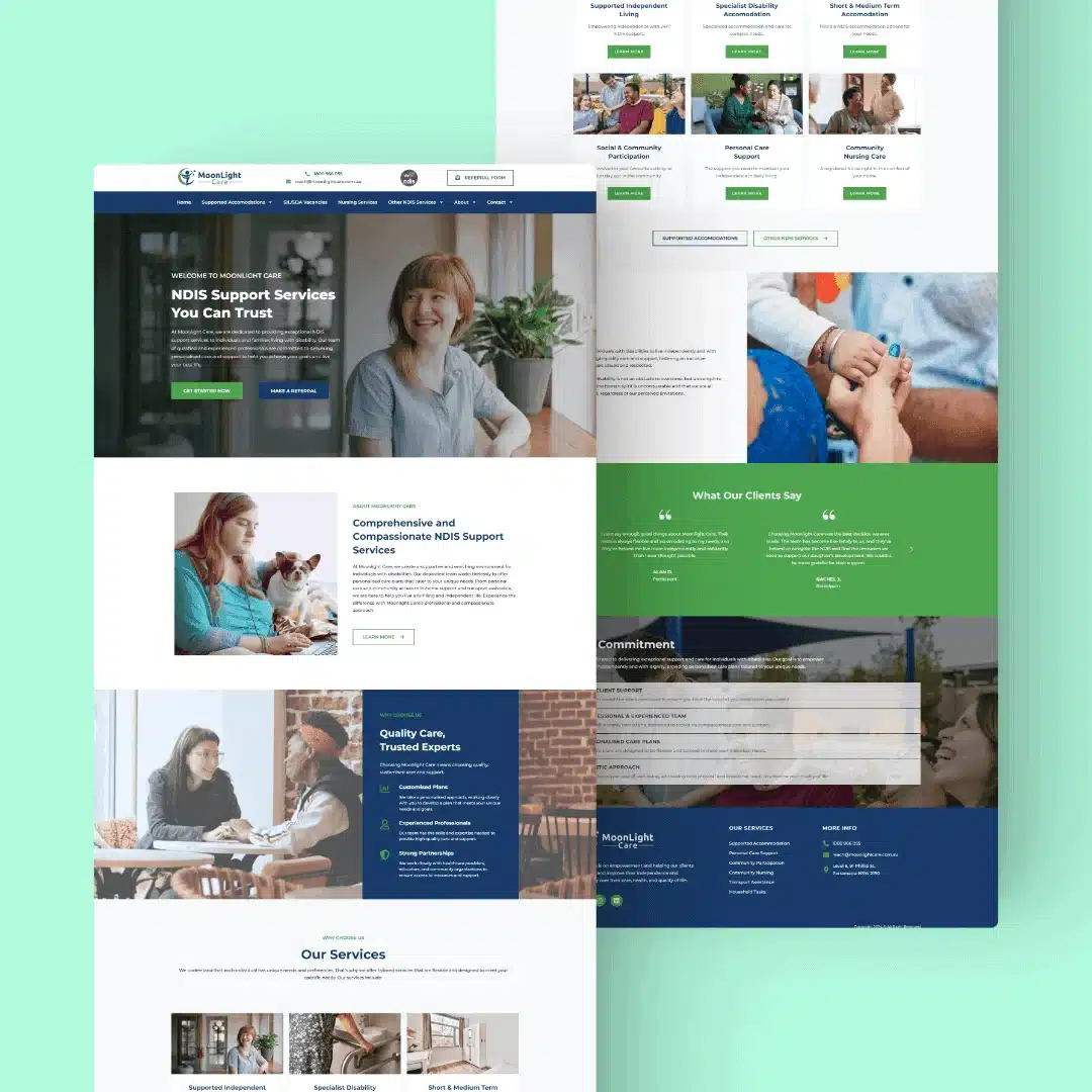 Screenshot of a website for NDIS support services, featuring a homepage with sections on services offered, testimonials,