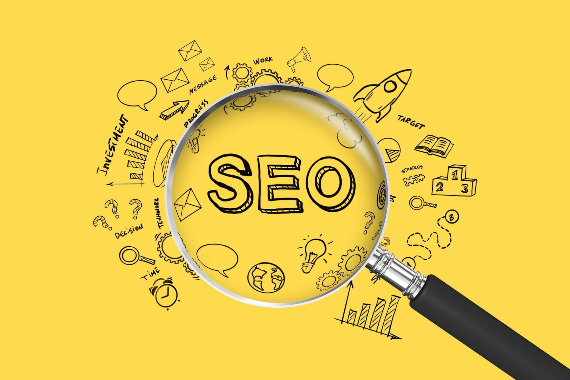 Search engine optimisation strategy illustrated around a magnifying glass