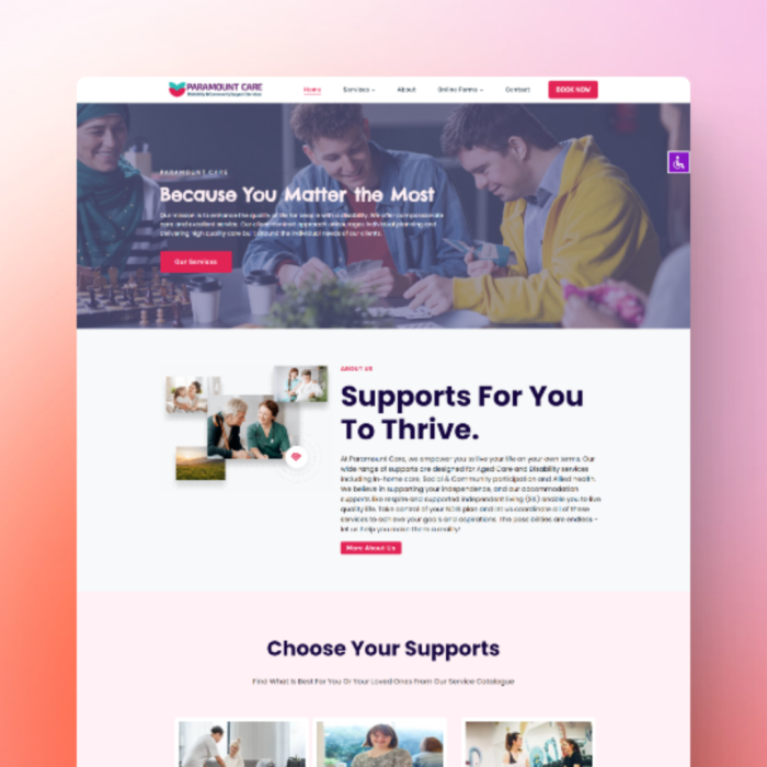 A website homepage for "Paramount Care" featuring sections about services offered, support options, and a call to action to book an appointment. The header highlights: "Because You Matter the Most.