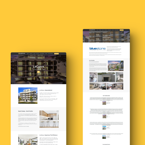 Two website pages side by side displaying real estate projects. The left page shows "La Curva" with building images and descriptions. The right page shows "Bluestone" with building images and text. Yellow background.