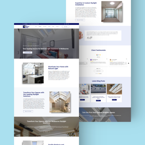 Website screenshot displaying sections for natural light solutions, custom skylight installations, client testimonials, and blog posts from a Melbourne-based provider. Contains images of skylights and home interiors.